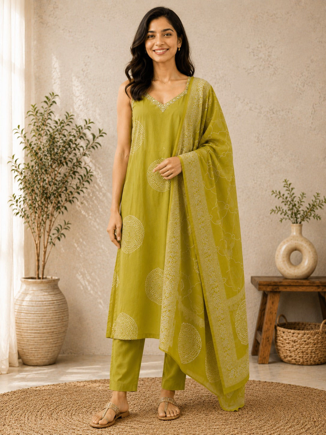 Women's Lime Green Sleeveless Kurta With Palazzo & Dupatta Set