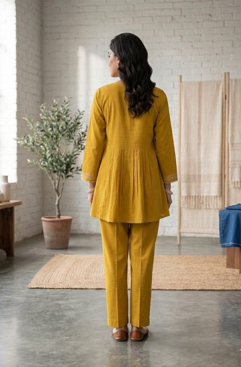 Women's Mustard Floral Cotton Embroidered Co-ord Set