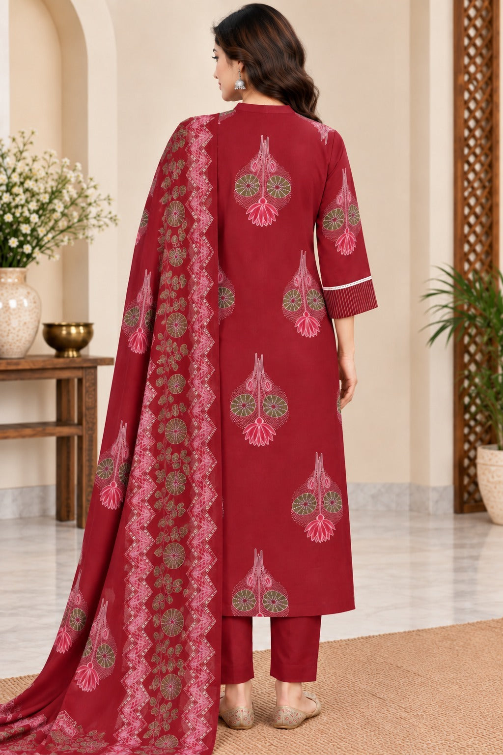 Women's Maroon Floral Printed Kurta with Trousers & Dupatta