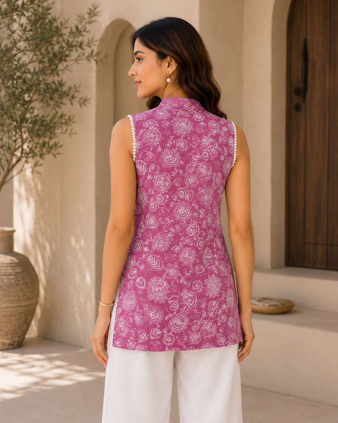 Women's Pink Floral Printed Mandarin Collar Sleeveless Cotton Top