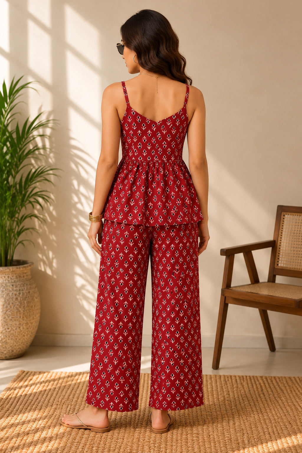 Women's Maroon Floral Cotton Top with Trouser Co-ord Set