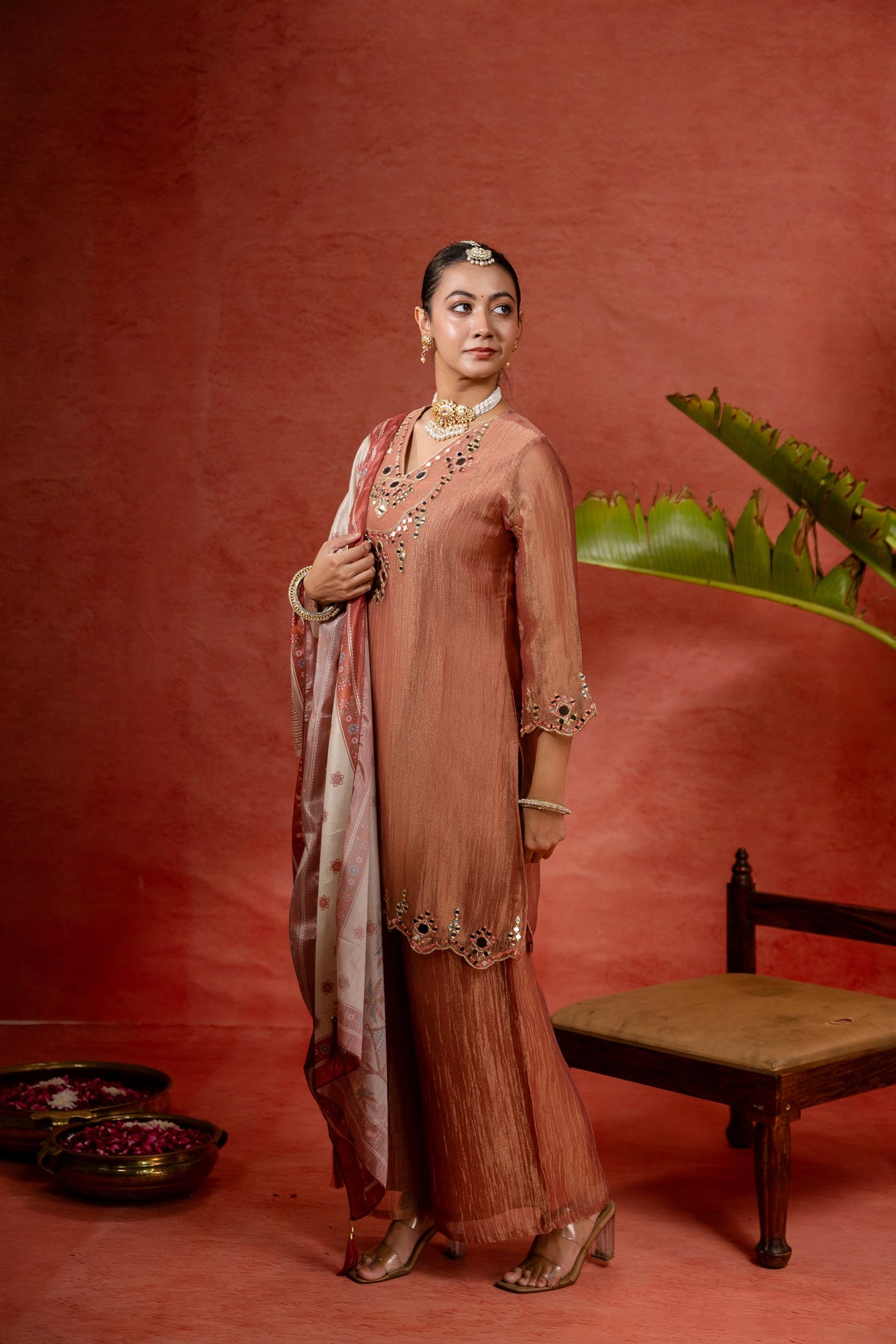 Women's Pink Embroidered Mirror Work Kurta With Palazzo & Dupatta Set