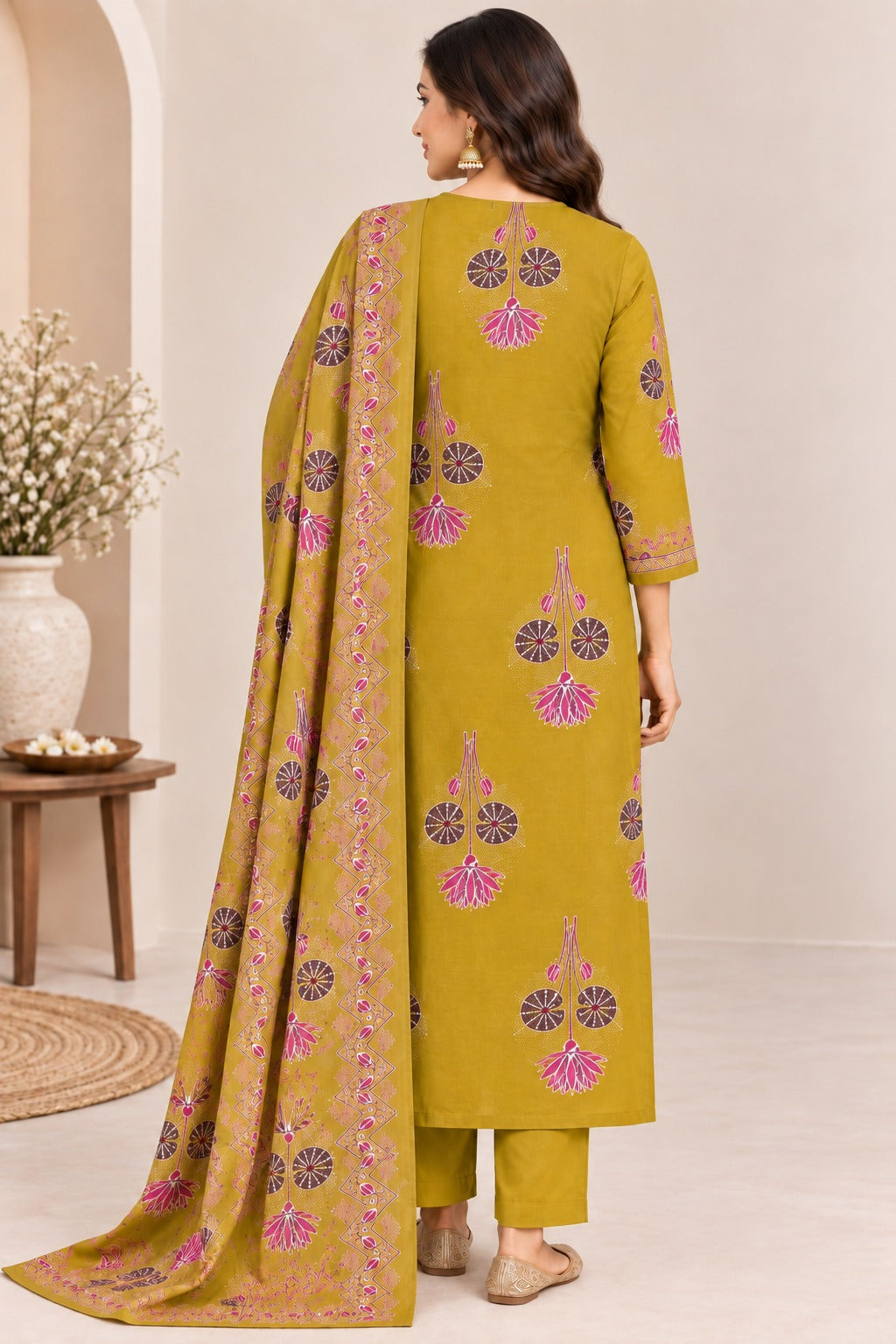 Women's Mustard Floral Printed Kurta with Trousers & Dupatta