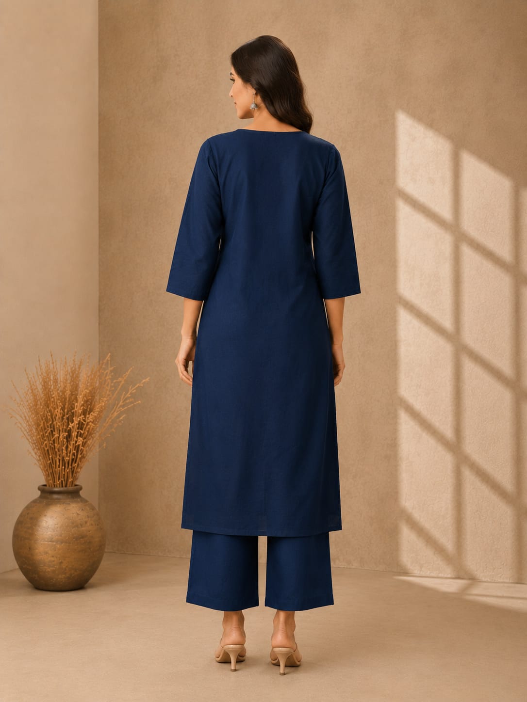 Women's Navy Blue Cotton Floral Print Round Neck Kurta & Trousers With Dupatta Set
