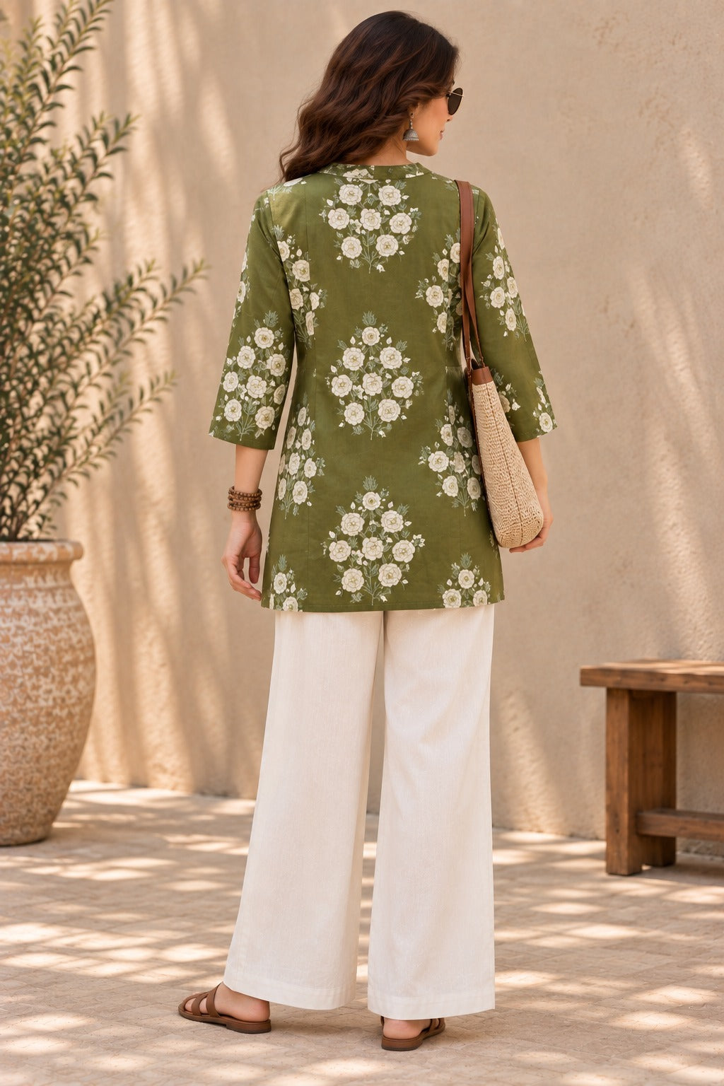 Women's Olive Green Floral Printed Mandarin Collar A-Line Top