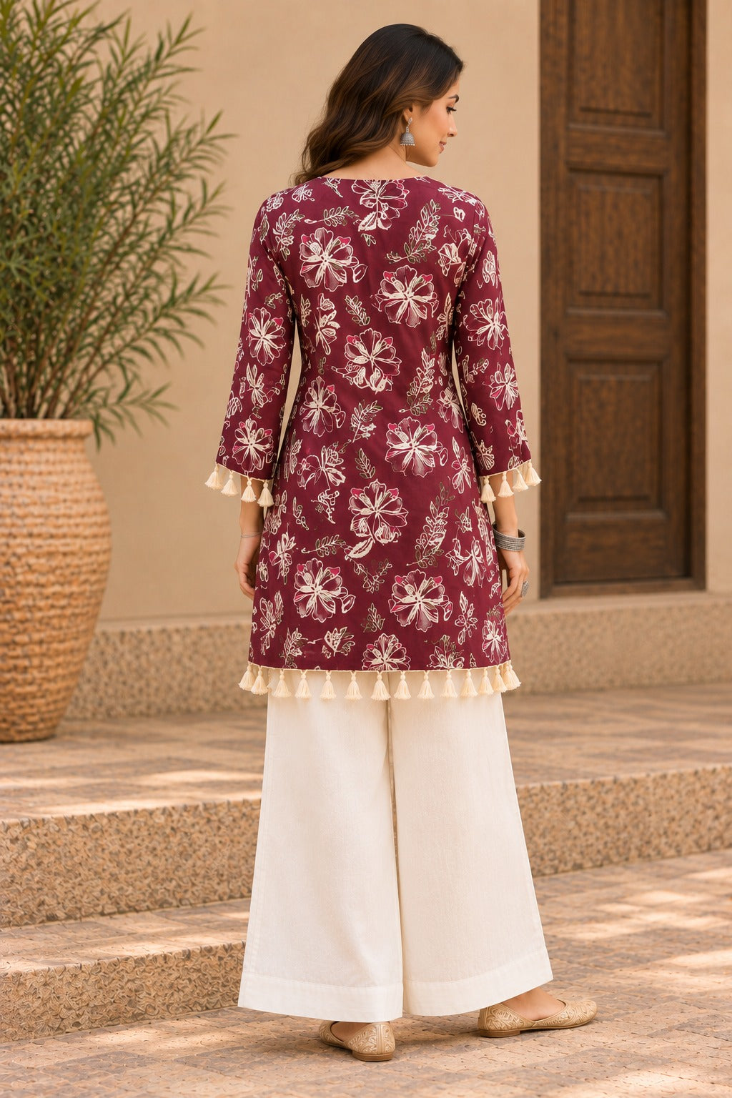 Women's Floral Printed A-Line Maroon Top With Tassel Hem