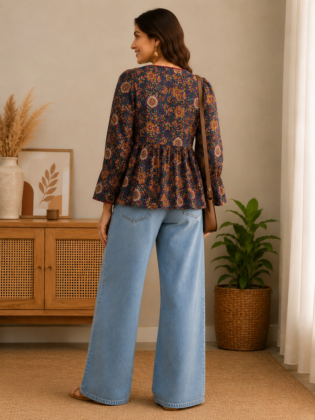 Women's Blue Printed V-Neck Gathered Top with Bell Sleeves