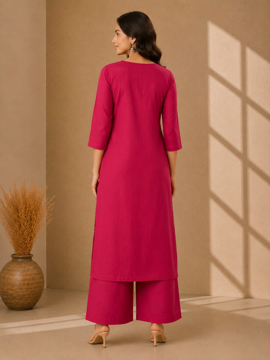 Women's Pink Cotton Floral Print Round Neck Kurta & Trousers With Dupatta Set