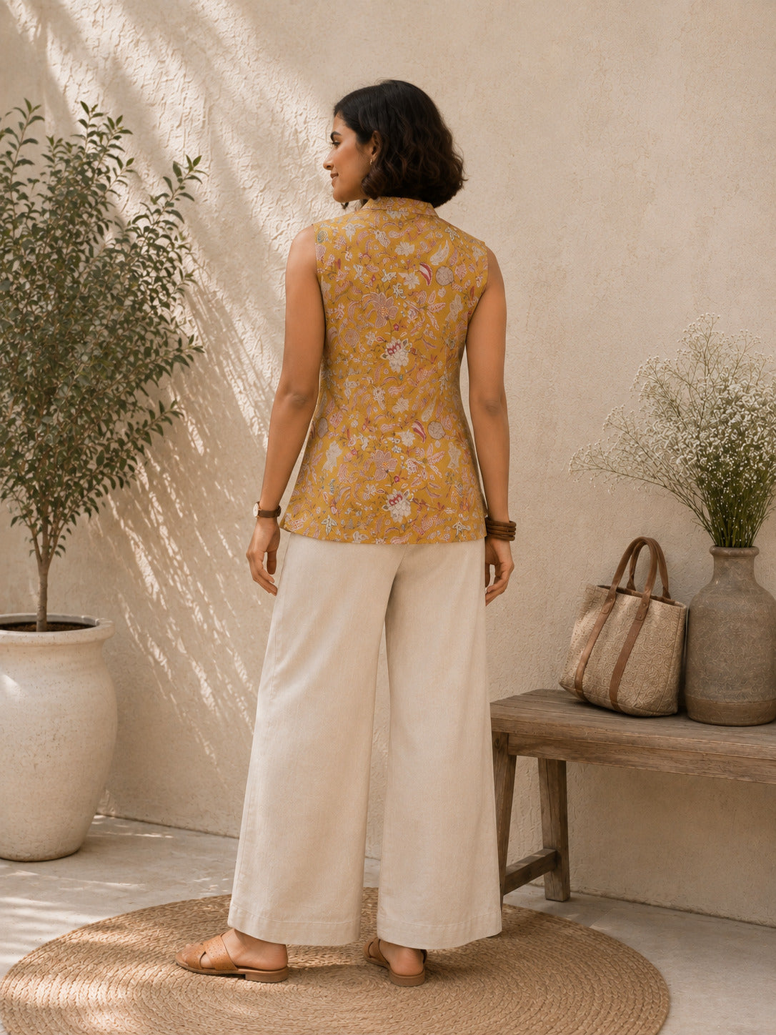 Women Mustard Yellow Floral Printed Mandarin Collar Sleeveless Top