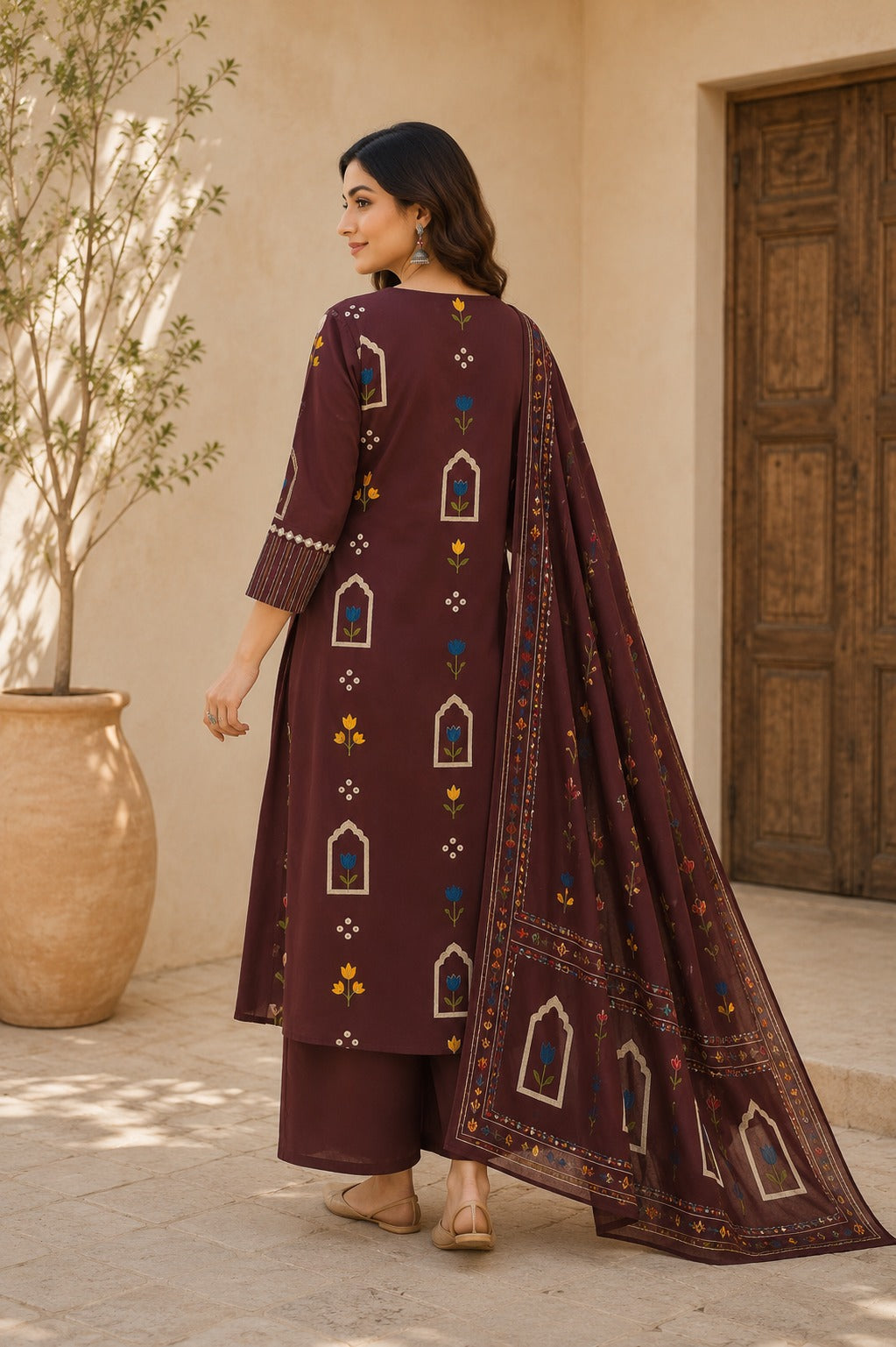 Women's Brown Printed Kurta With Trousers & Dupatta Set