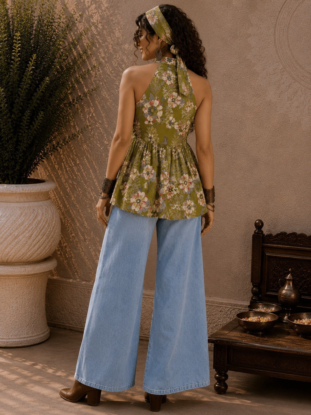 Women's Green Floral Printed Sleeveless Peplum Top