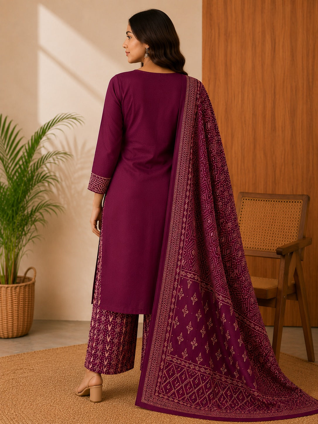 Women's Wine Thread Work Straight Kurta & Trouser With Dupatta Set