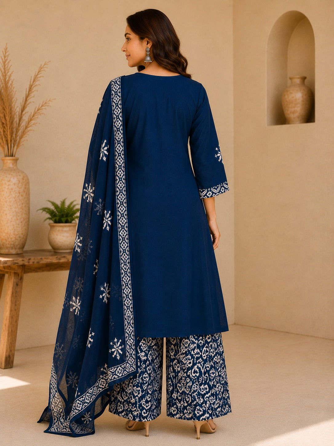 Women's Navy Blue Ethnic Printed A-Line Kurta & Palazzo With Dupatta Set