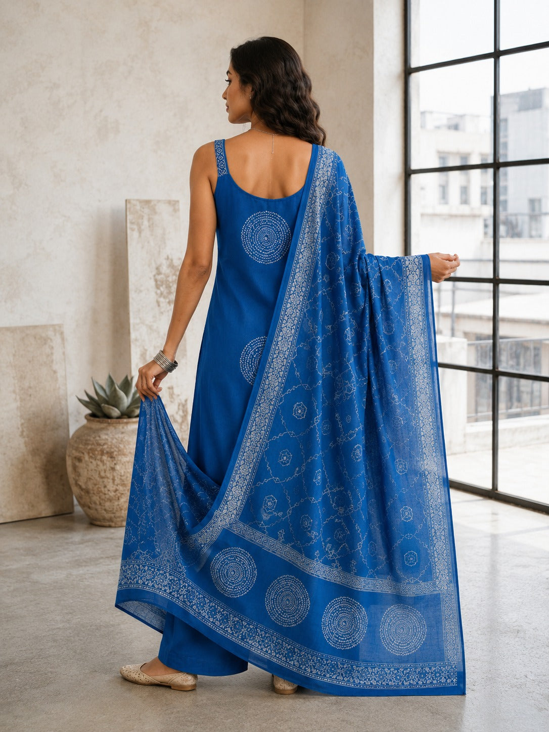 Women's Steel Blue Sleeveless Kurta With Palazzo & Dupatta Set