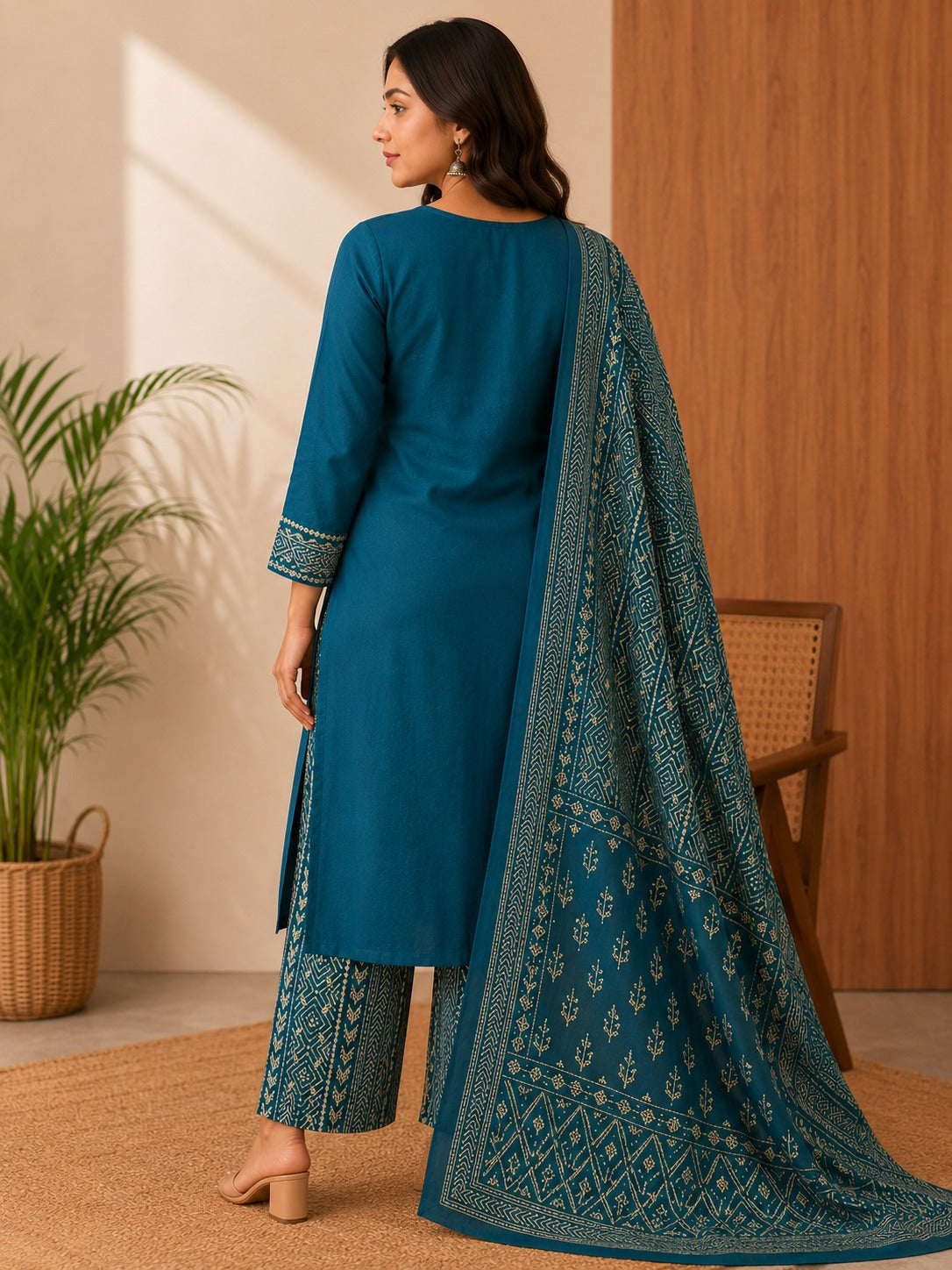 Women's Teal Blue Thread Work Straight Kurta & Trouser With Dupatta Set