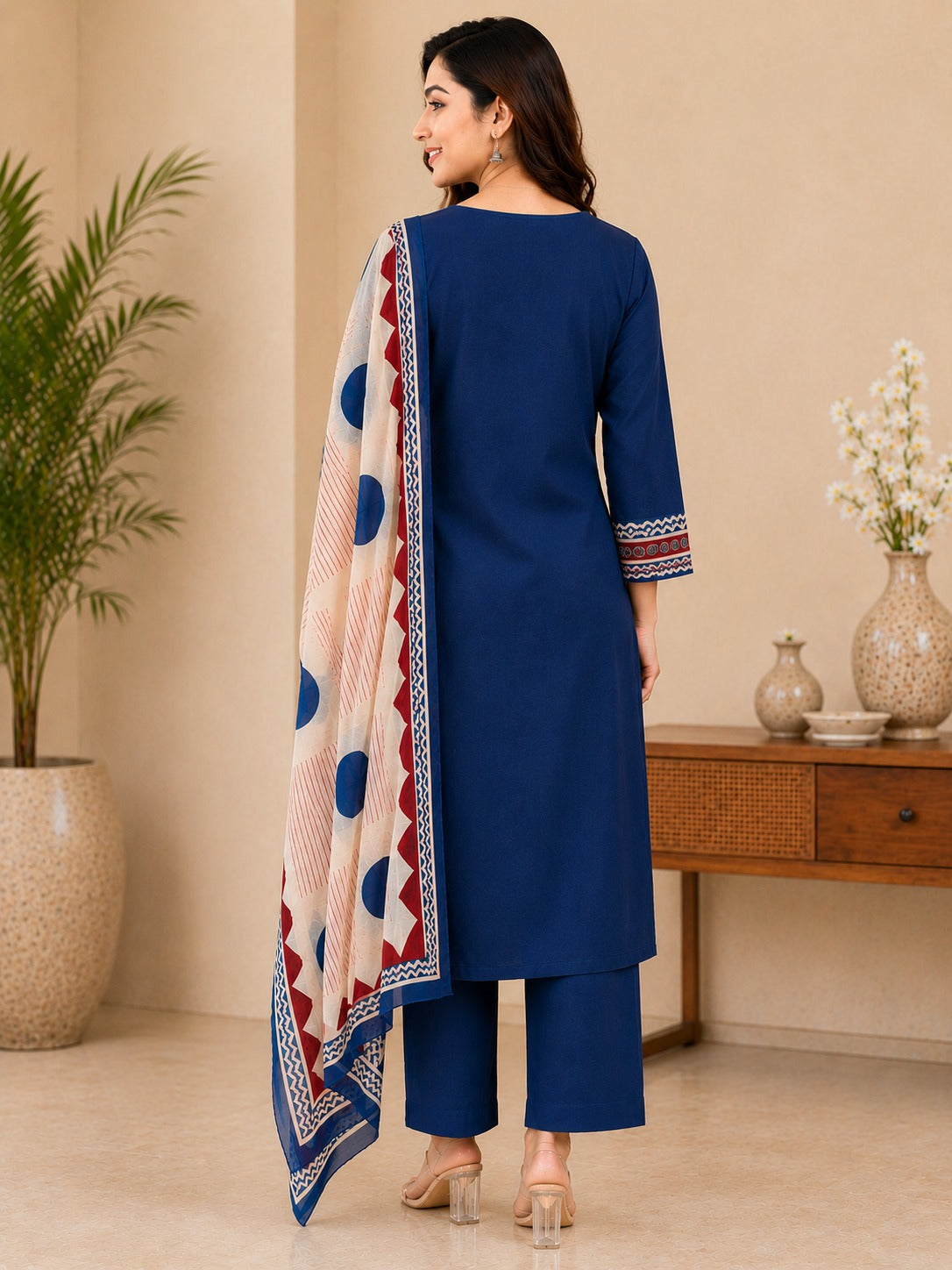 Women's Pure Cotton Ethnic Print Blue Kurta & Pant With Dupatta Set