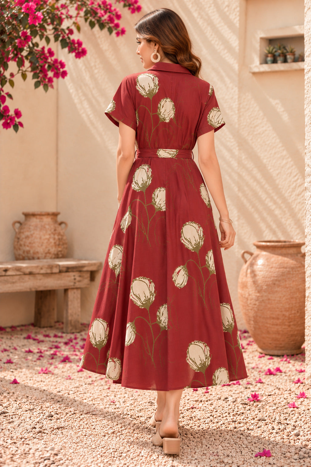 Women's Maroon Floral Printed Shirt Collar A-Line Midi Dress