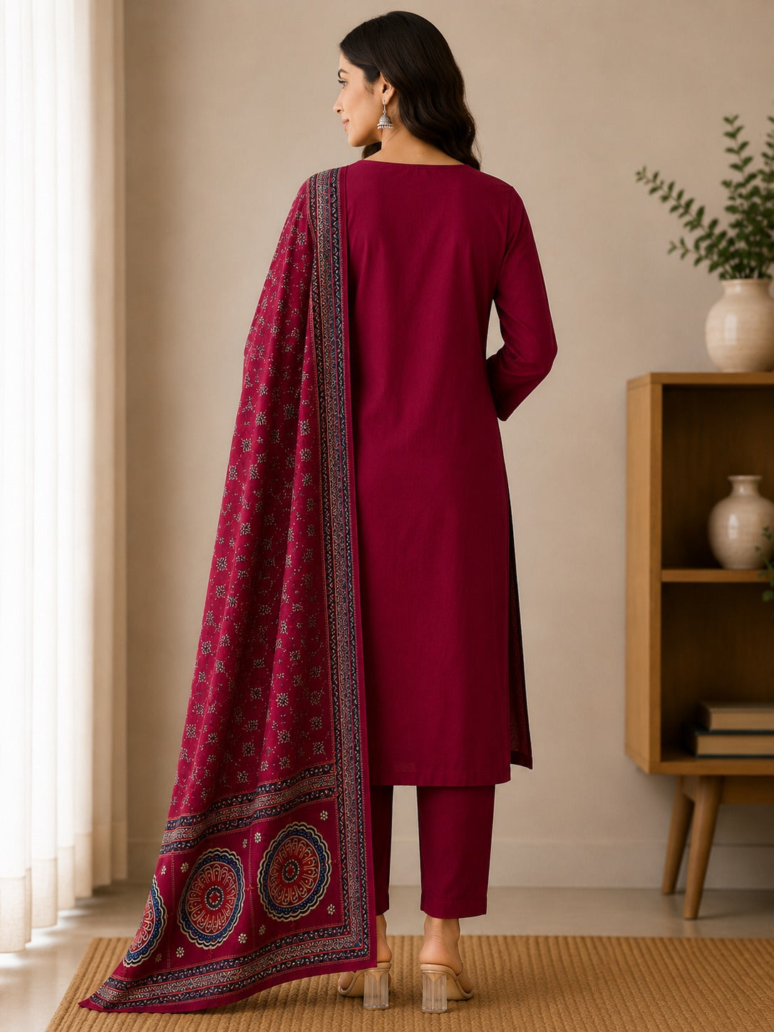 Women's Maroon Thread Work Straight Kurta & Trouser With Dupatta Set