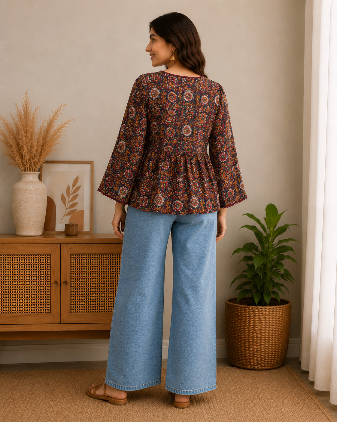 Women's Maroon Printed V-Neck Gathered Top with Bell Sleeves