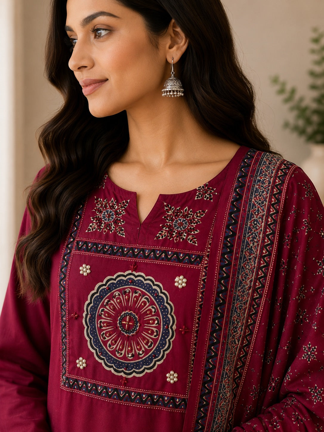 Women's Maroon Thread Work Straight Kurta & Trouser With Dupatta Set