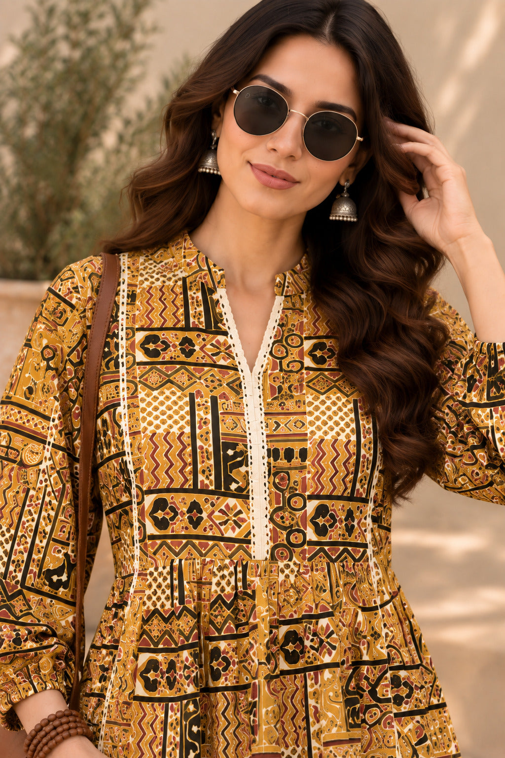 Women's Mustard Printed Geometric Peplum Top