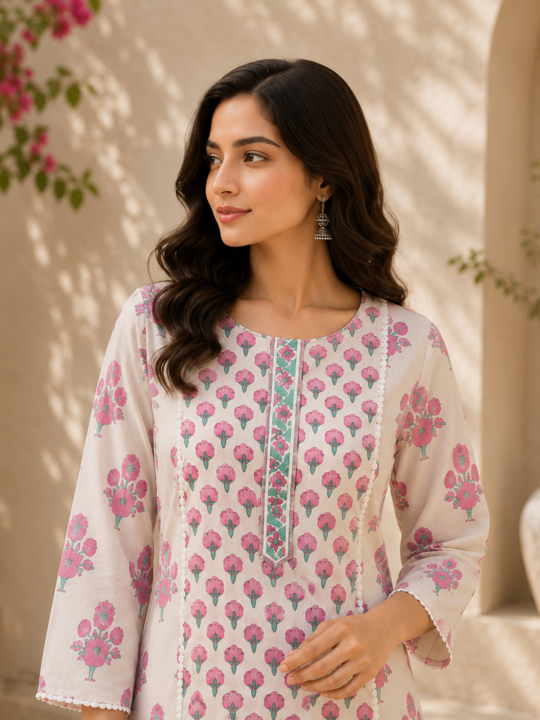 Women's Cream & Pink Floral Printed Cotton Short Kurta With Trouser Set