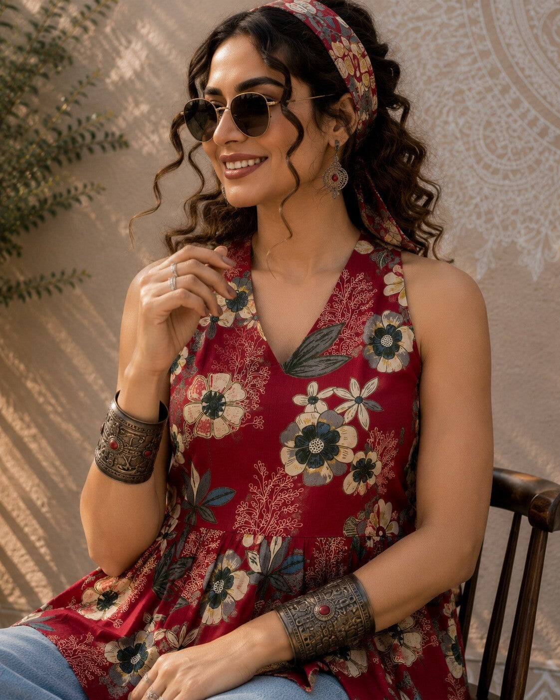 Women's Red Floral Printed Sleeveless Peplum Top