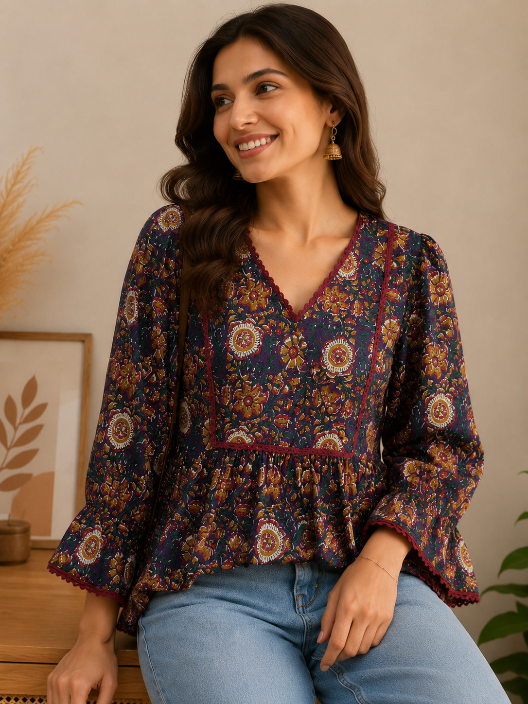 Women's Blue Printed V-Neck Gathered Top with Bell Sleeves