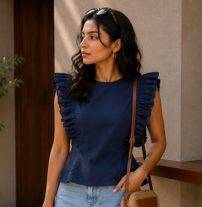 Women's Navy Blue Ruffle Sleeve Peplum Top