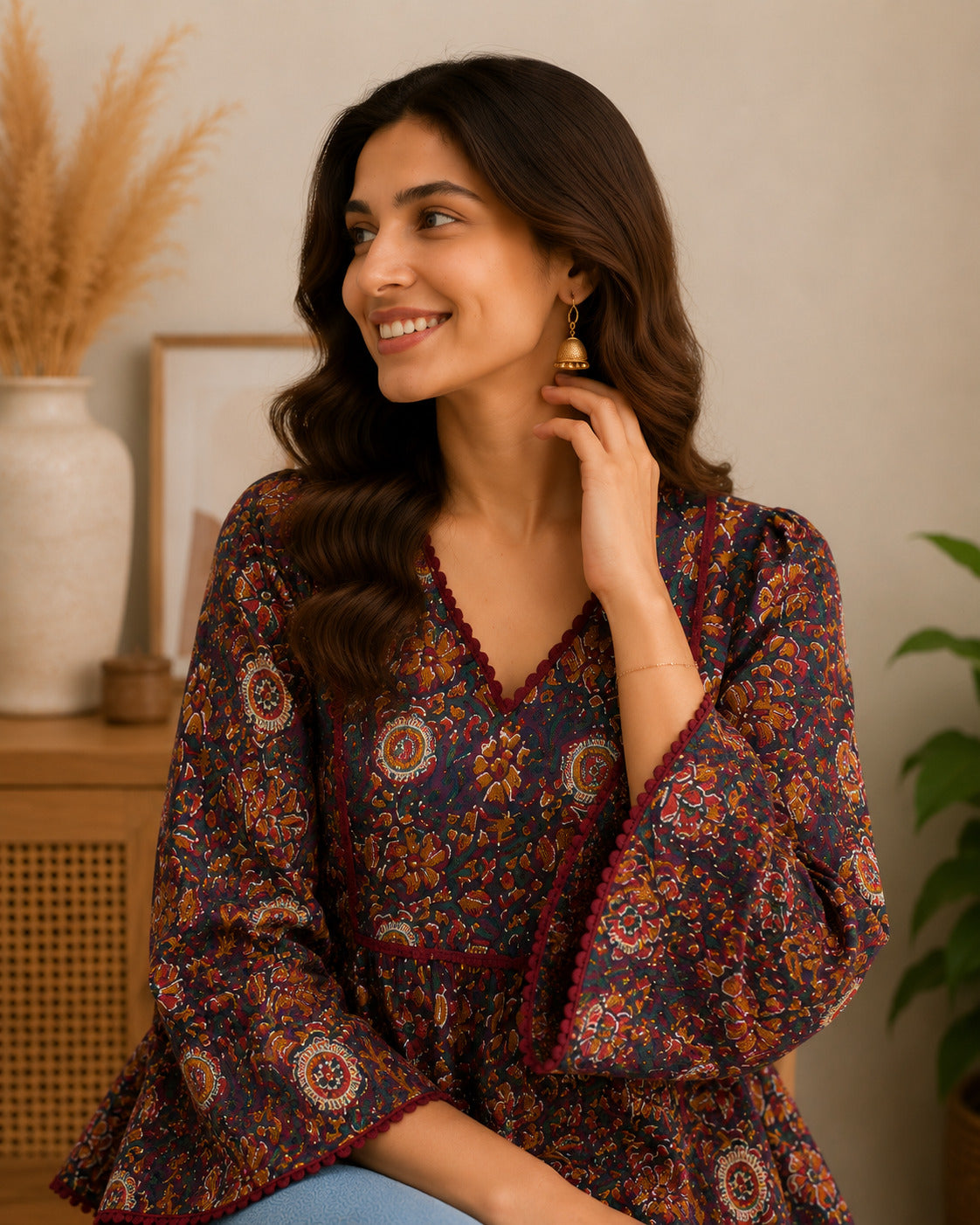 Women's Maroon Printed V-Neck Gathered Top with Bell Sleeves