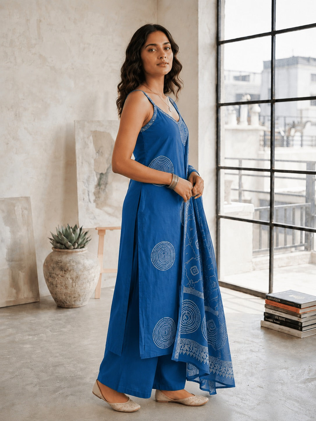 Women's Steel Blue Sleeveless Kurta With Palazzo & Dupatta Set