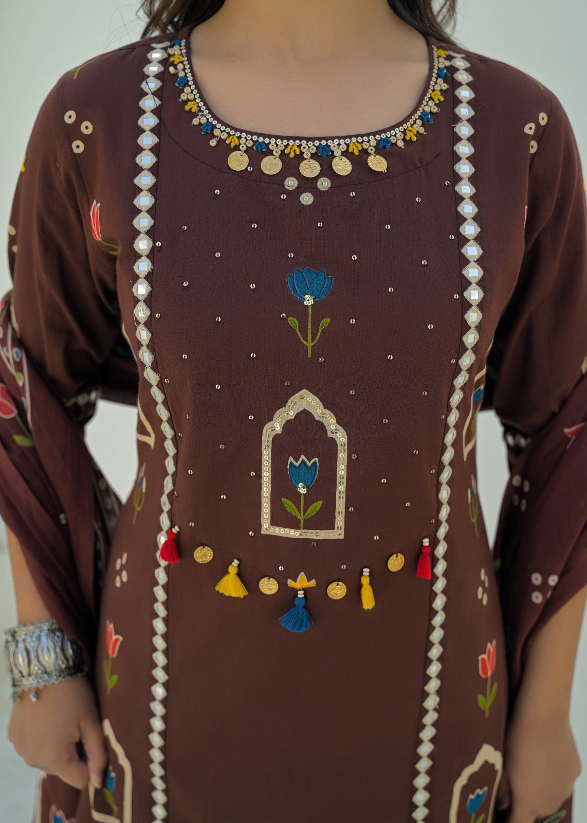 Women's Brown Printed Kurta With Trousers & Dupatta Set