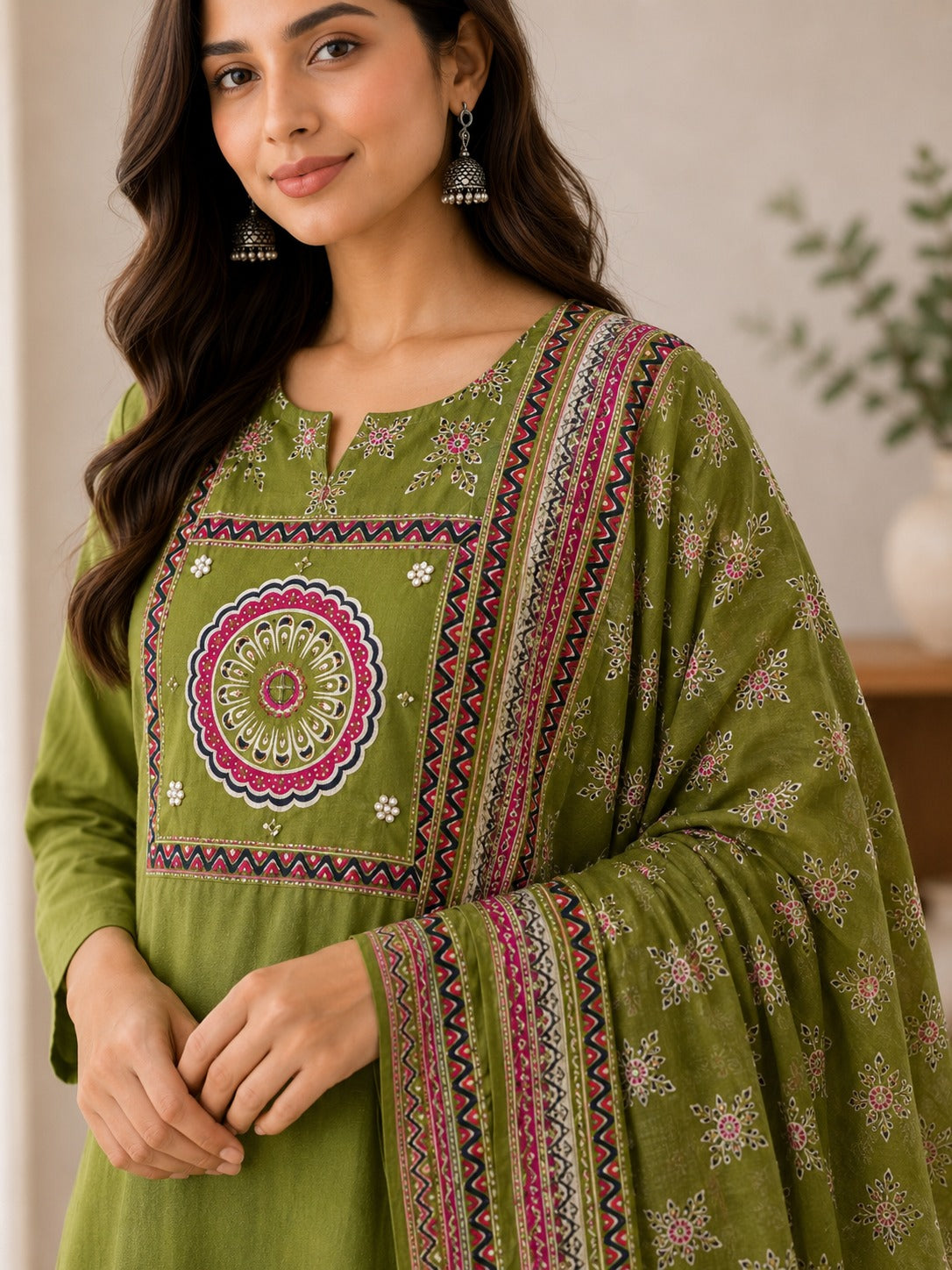 Women's Olive Green Thread Work Straight Kurta & Trouser With Dupatta Set