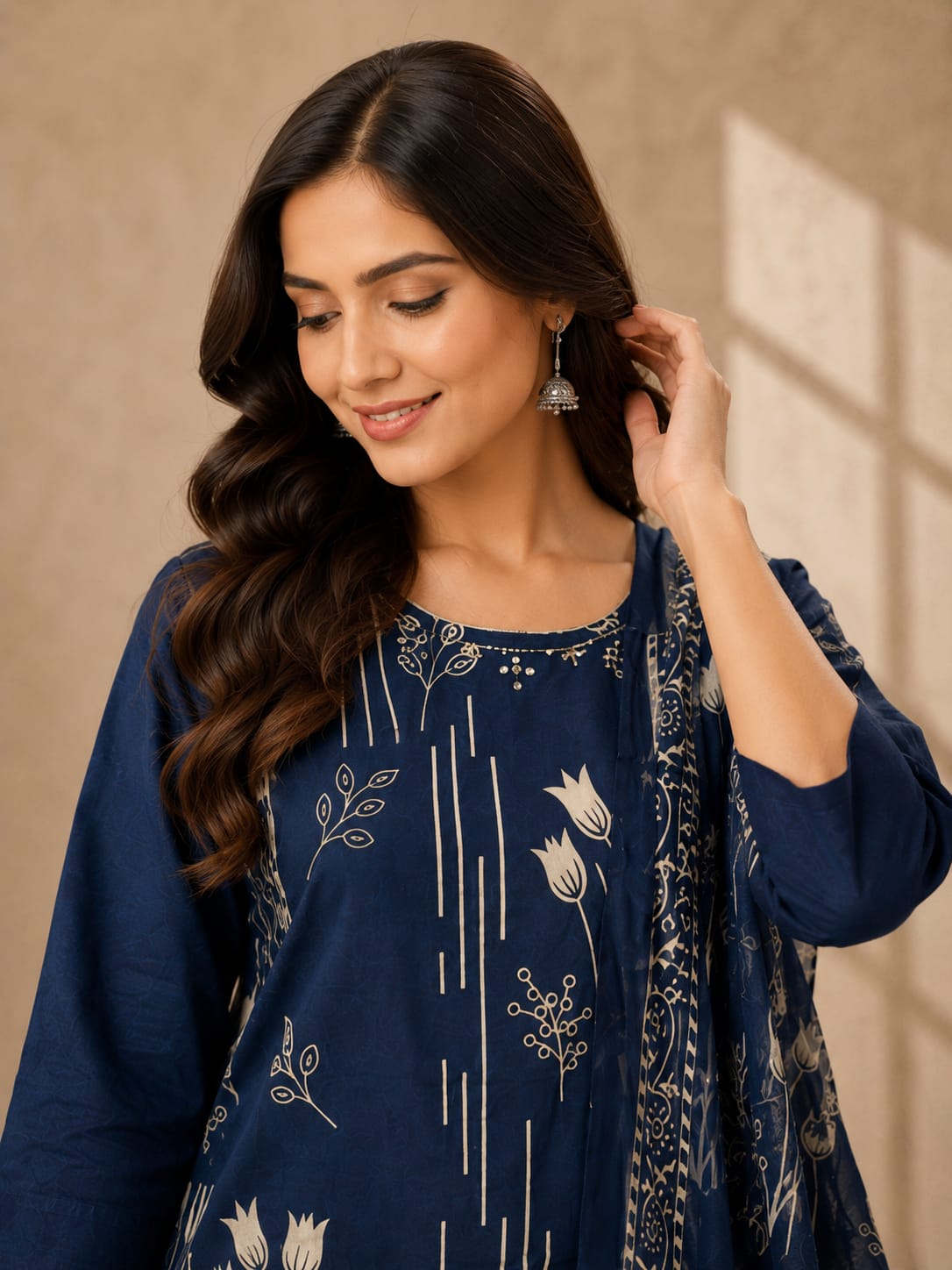 Women's Navy Blue Cotton Floral Print Round Neck Kurta & Trousers With Dupatta Set
