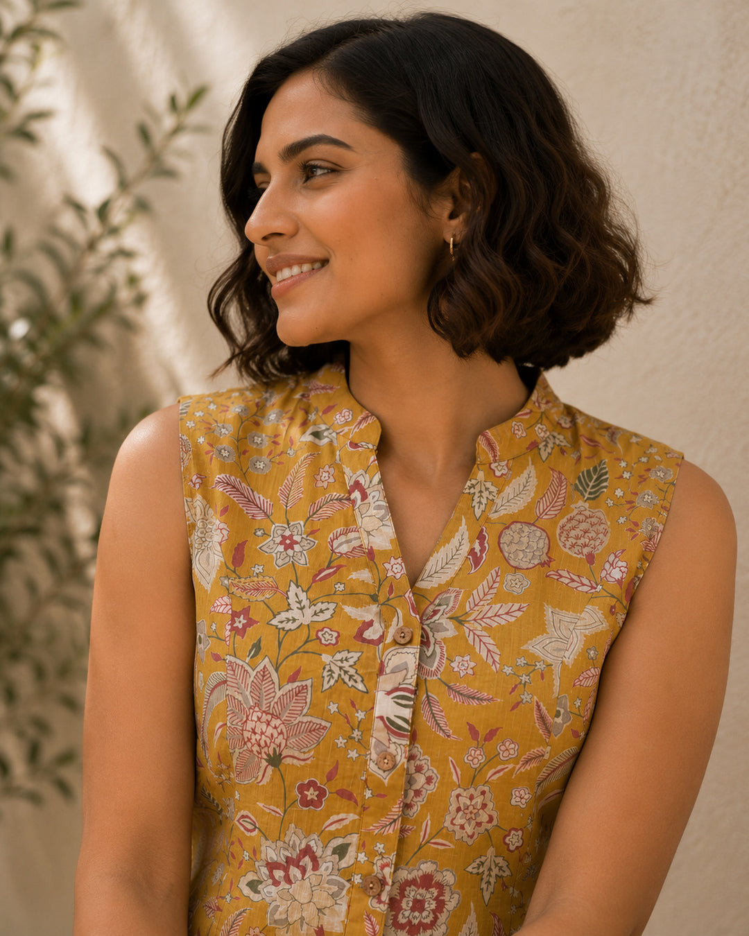 Women Mustard Yellow Floral Printed Mandarin Collar Sleeveless Top
