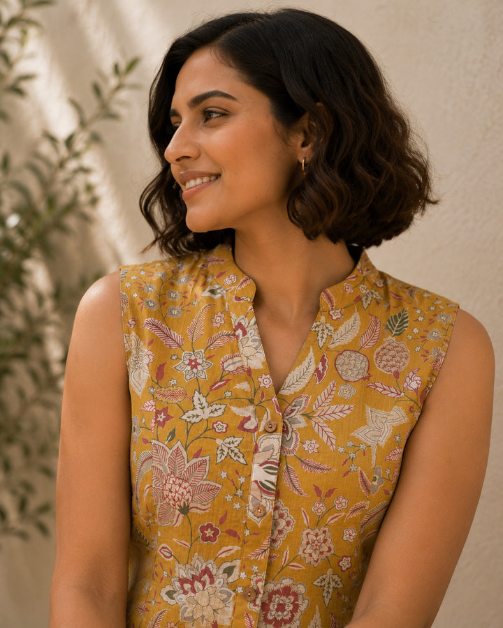 Women Mustard Yellow Floral Printed Mandarin Collar Sleeveless Top