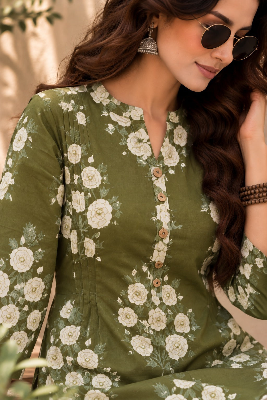 Women's Olive Green Floral Printed Mandarin Collar A-Line Top
