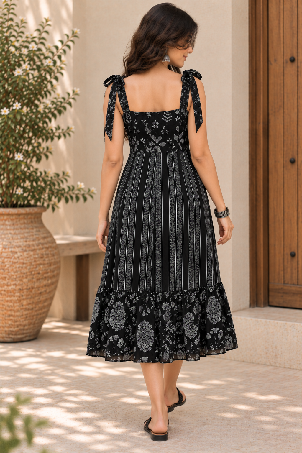 Women's Black Floral Printed Tie-Up Strap Fit & Flare Midi Dress