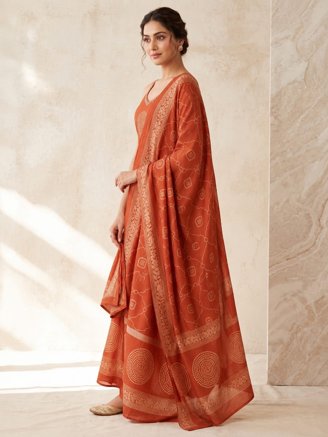 Women's Rust Sleeveless Kurta With Palazzo & Dupatta Set