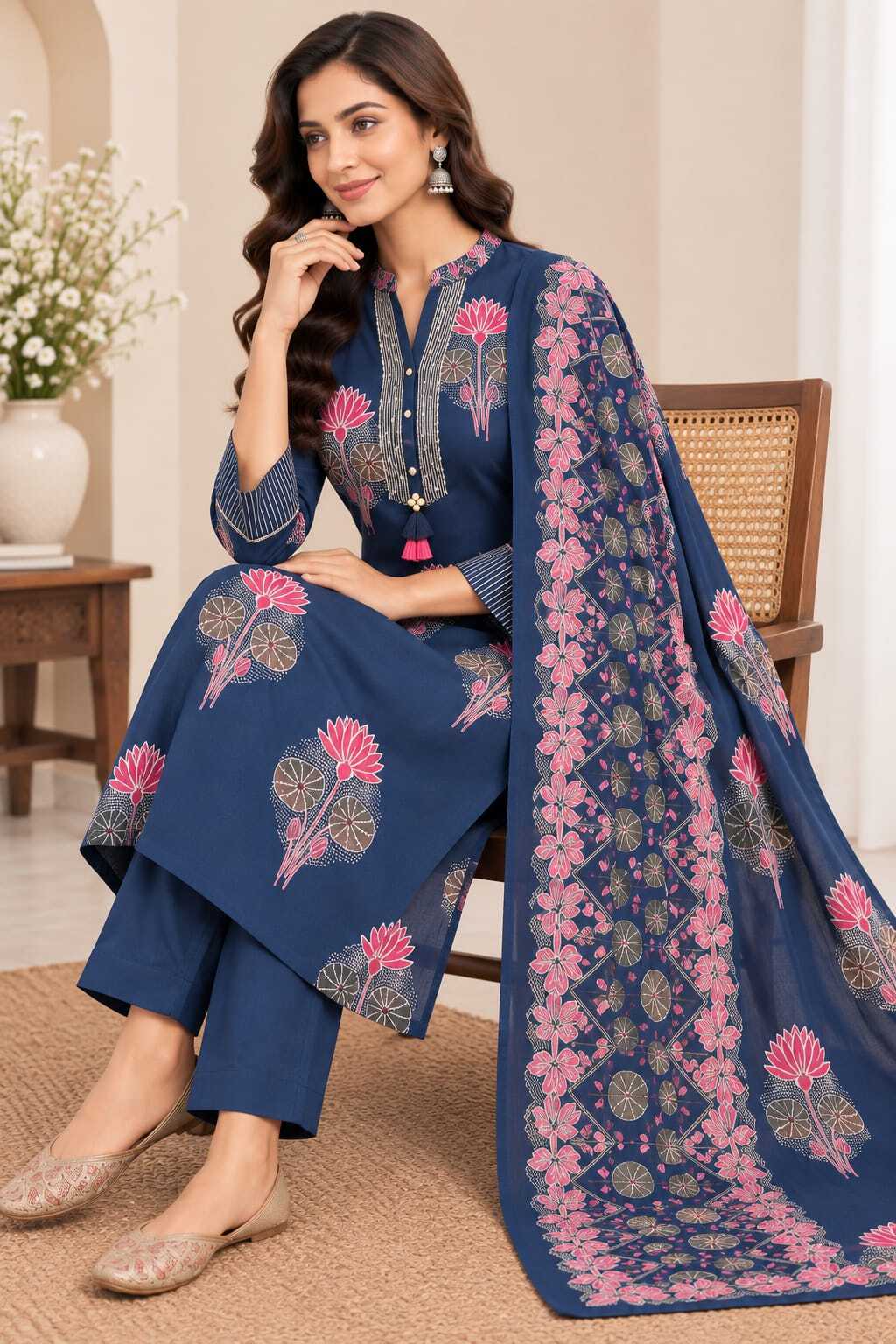 Women's Navy Blue Floral Printed Kurta with Trousers & Dupatta