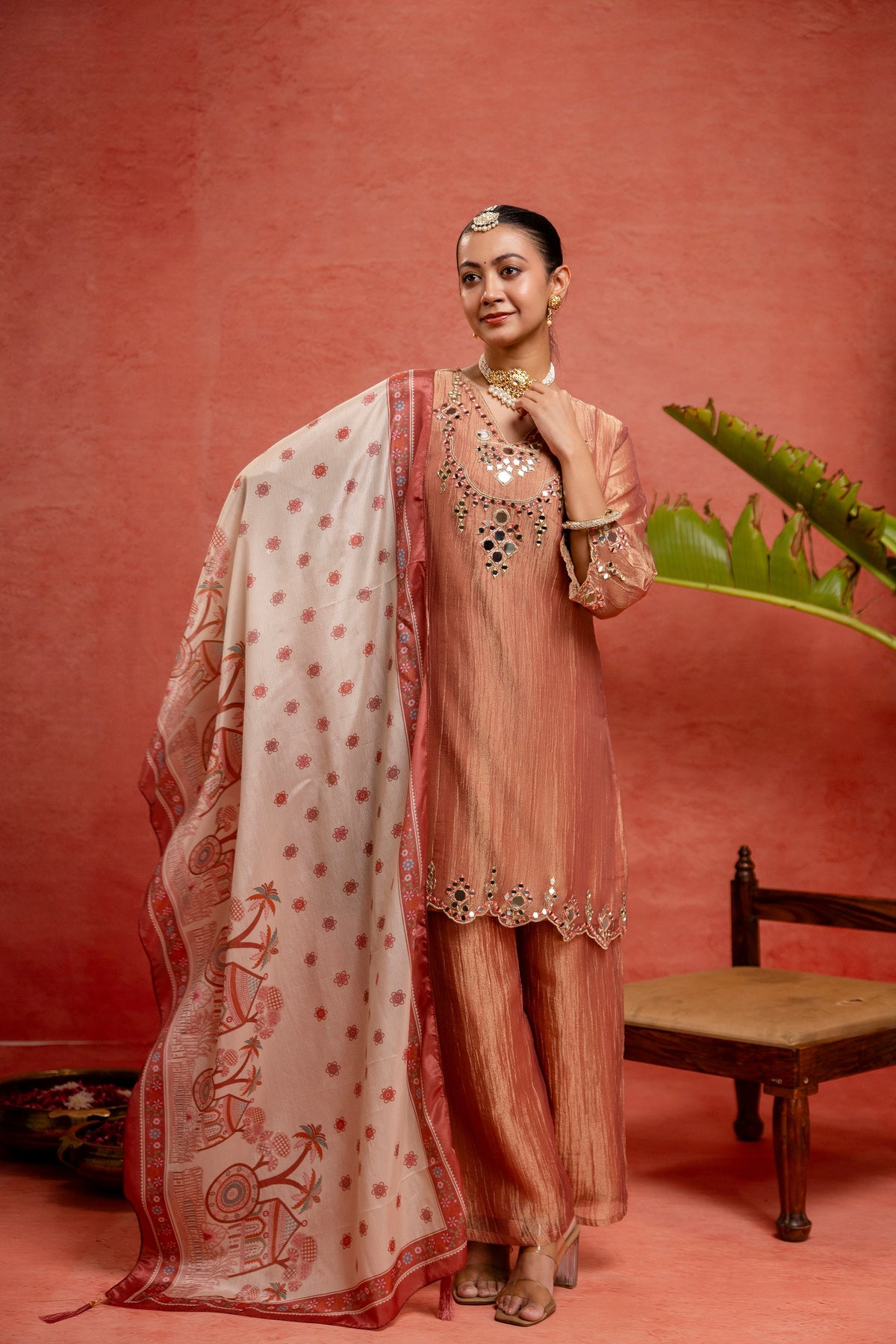 Women's Pink Embroidered Mirror Work Kurta With Palazzo & Dupatta Set