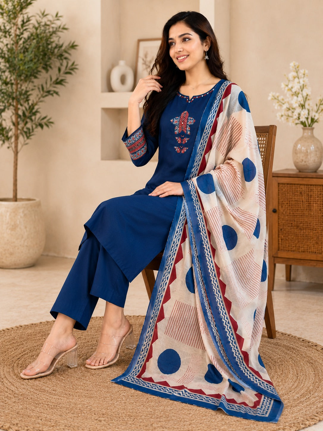 Women's Pure Cotton Ethnic Print Blue Kurta & Pant With Dupatta Set