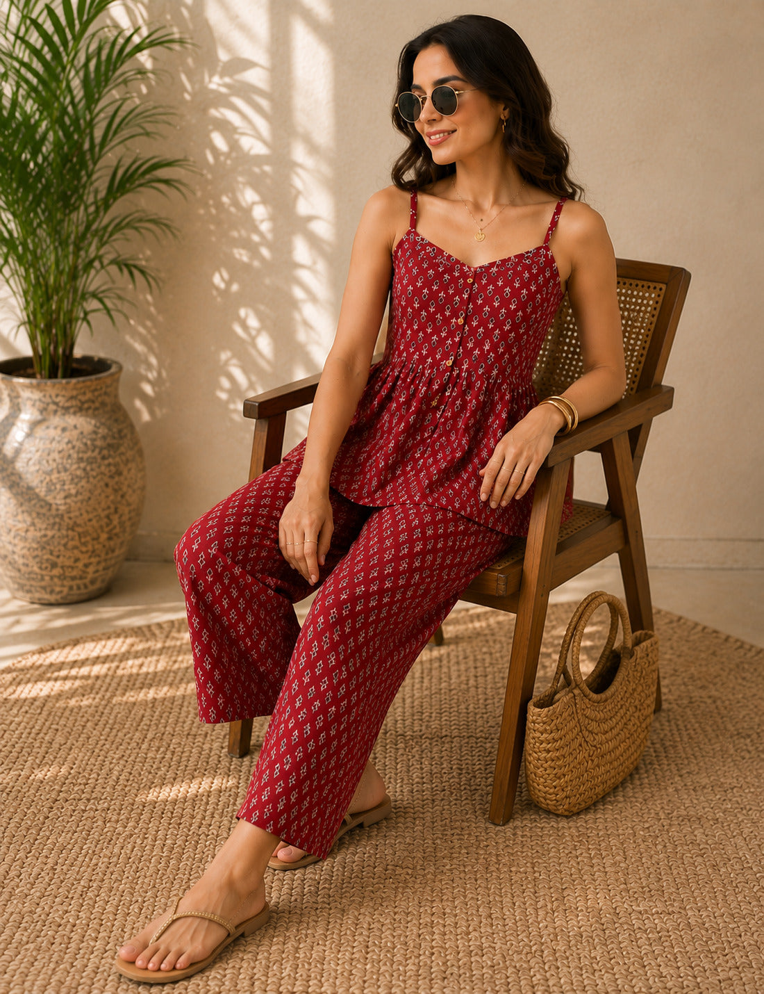 Women's Maroon Floral Cotton Top with Trouser Co-ord Set
