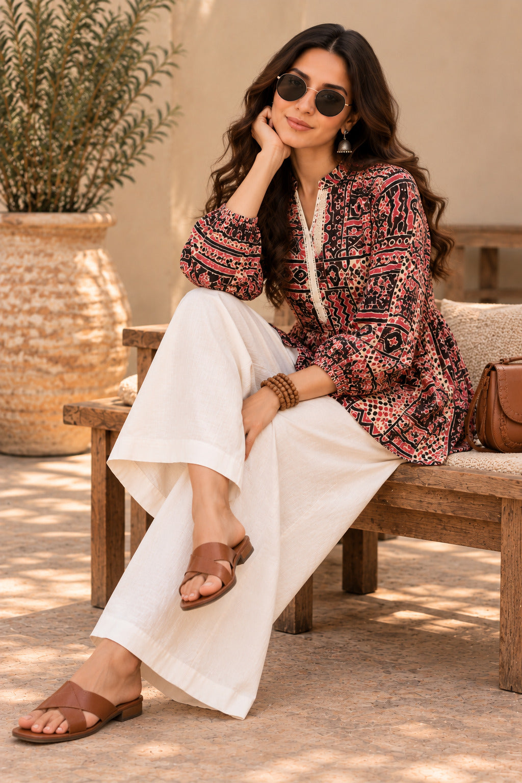 Women's Maroon Printed Geometric Peplum Top