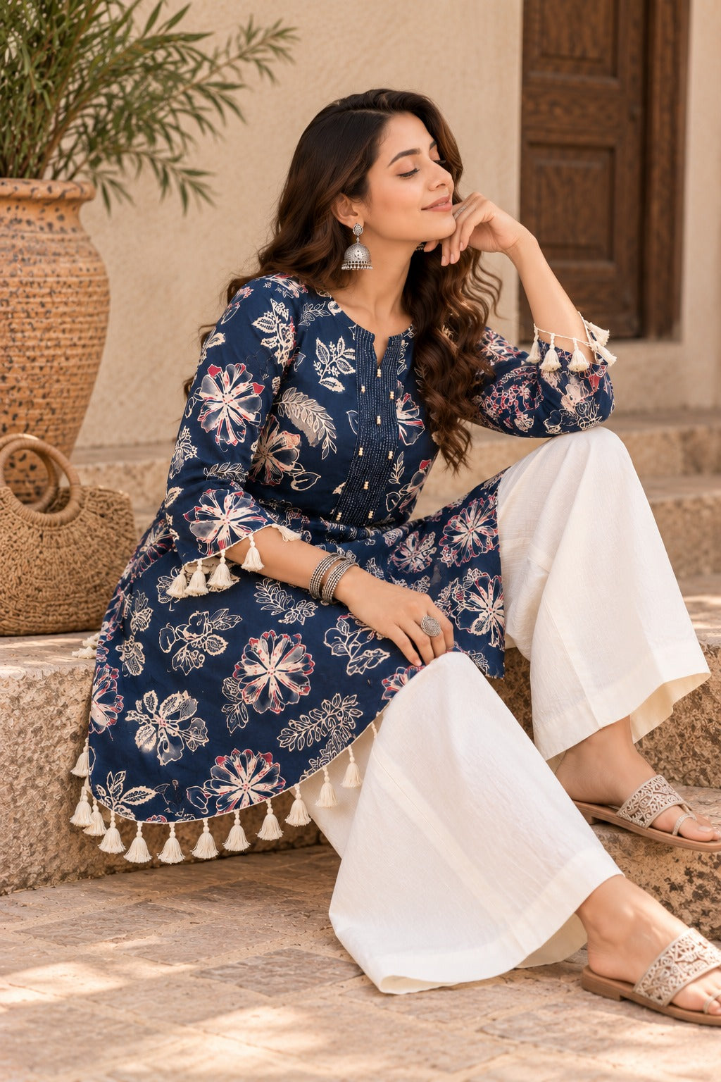 Women's Floral Printed A-Line Navy Blue Top With Tassel Hem