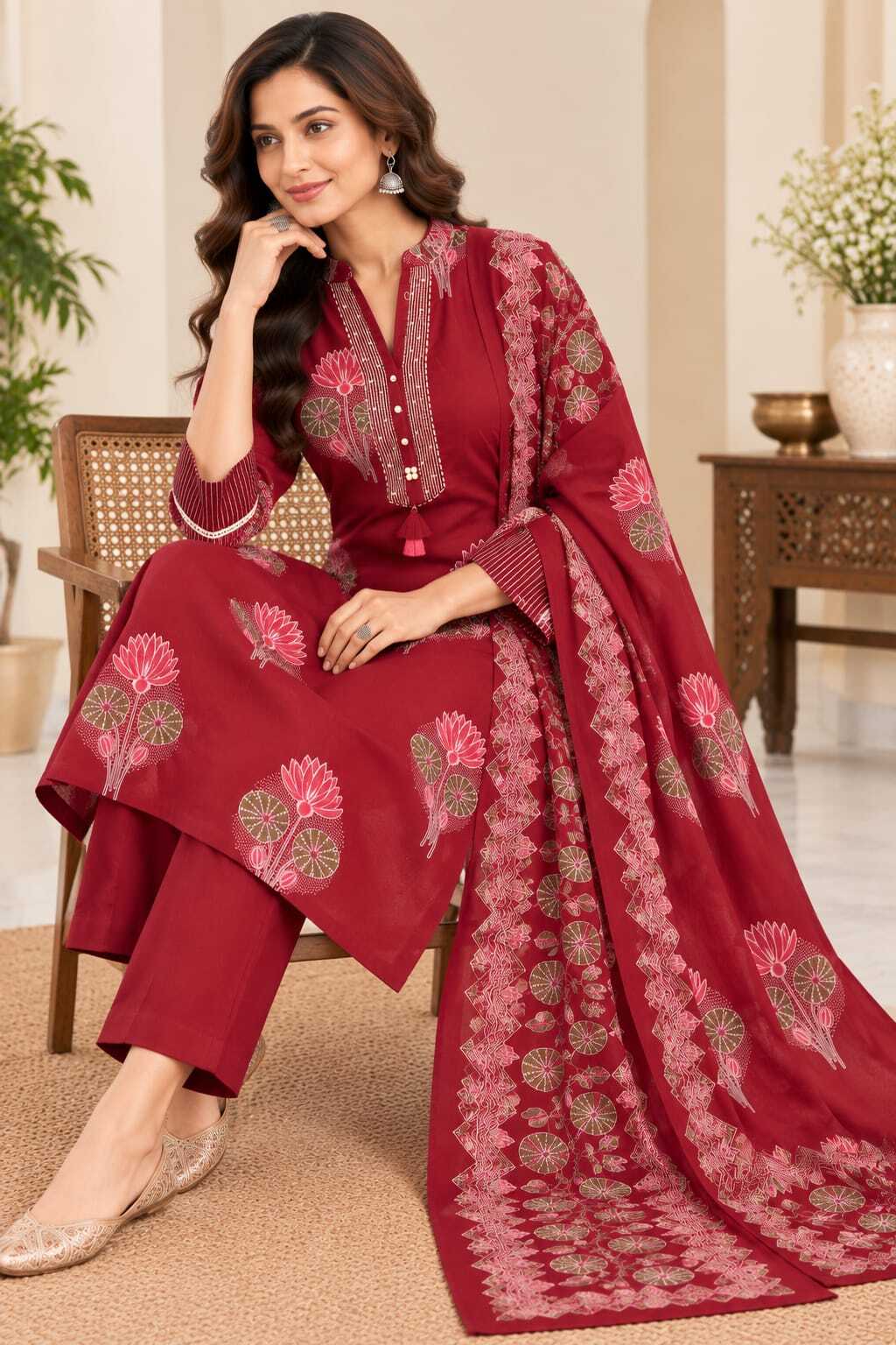 Women's Maroon Floral Printed Kurta with Trousers & Dupatta