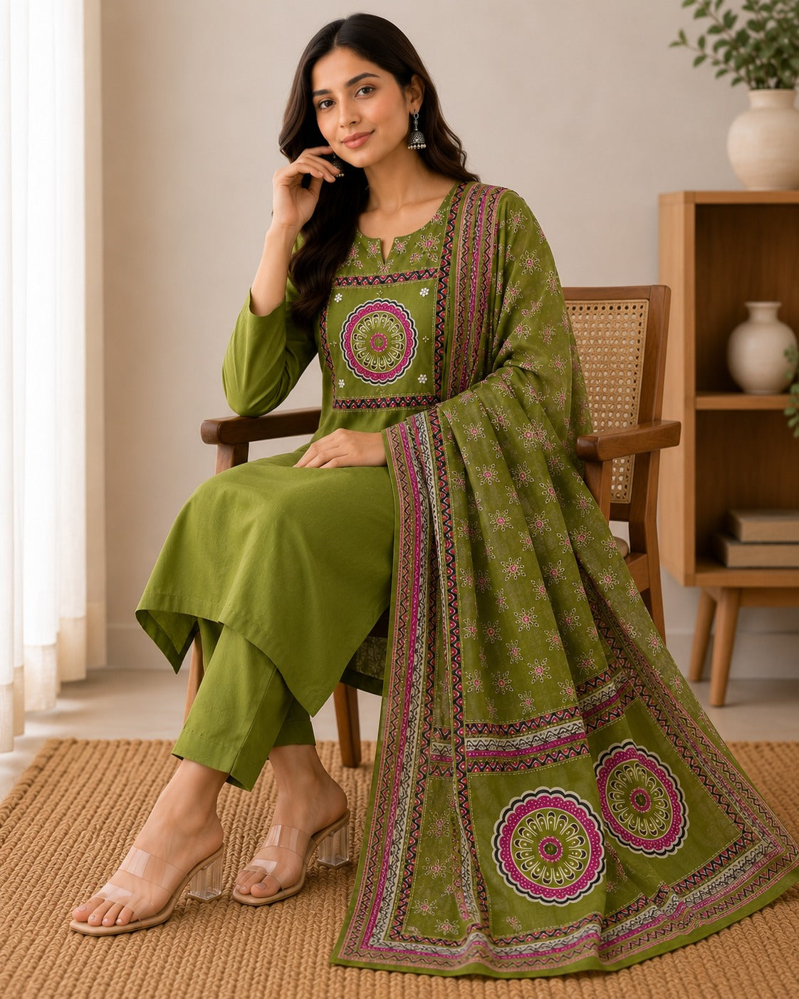 Women's Olive Green Thread Work Straight Kurta & Trouser With Dupatta Set
