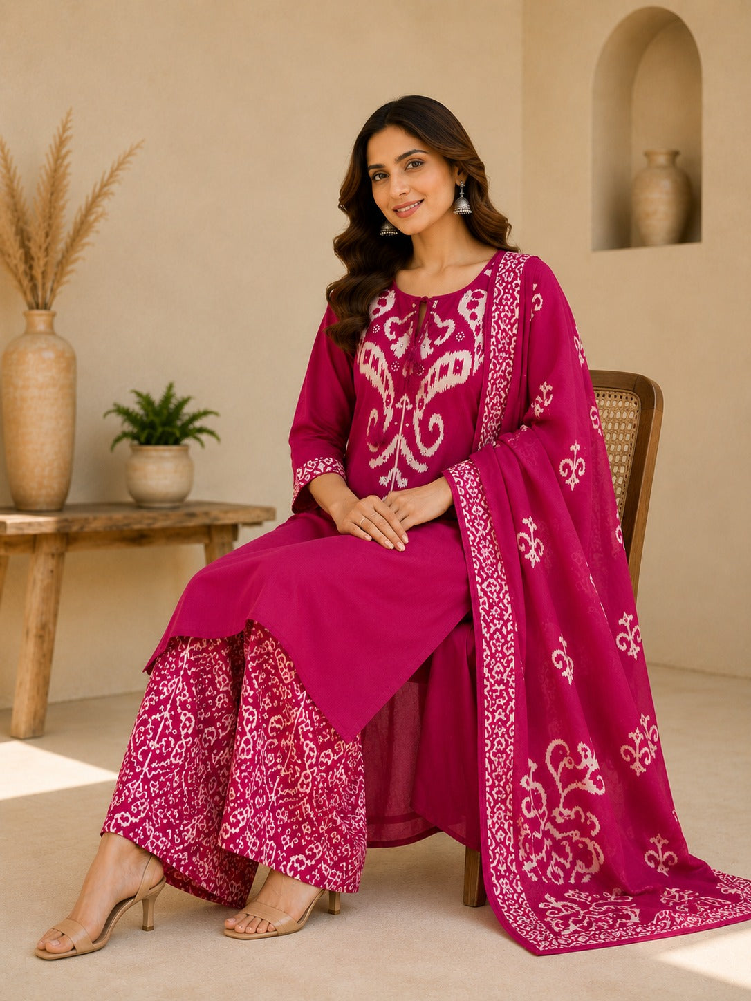 Women's Pink Ethnic Printed A-Line Kurta & Palazzo With Dupatta Set