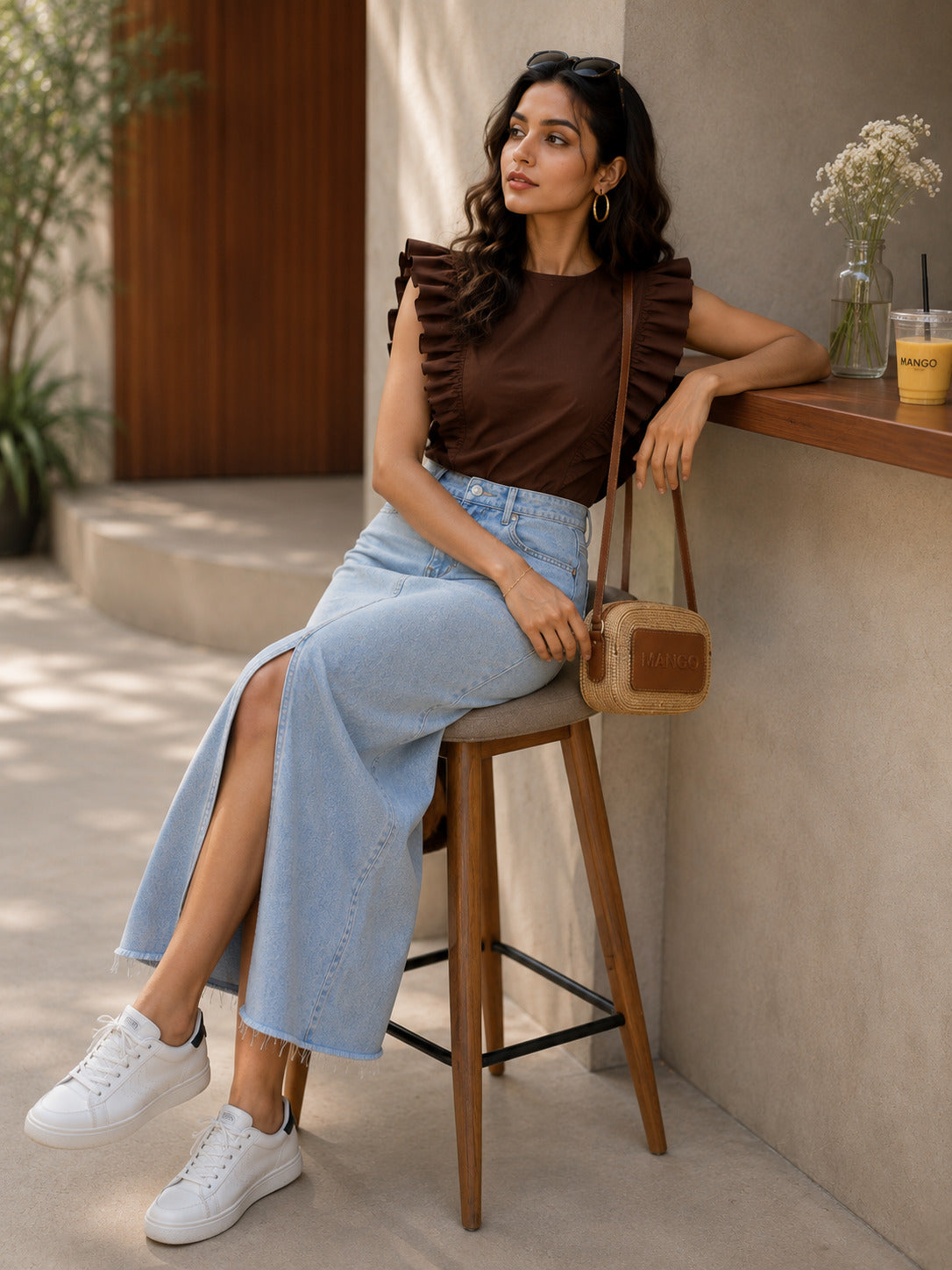Women's Chocolate Brown Ruffle Sleeve Peplum Top