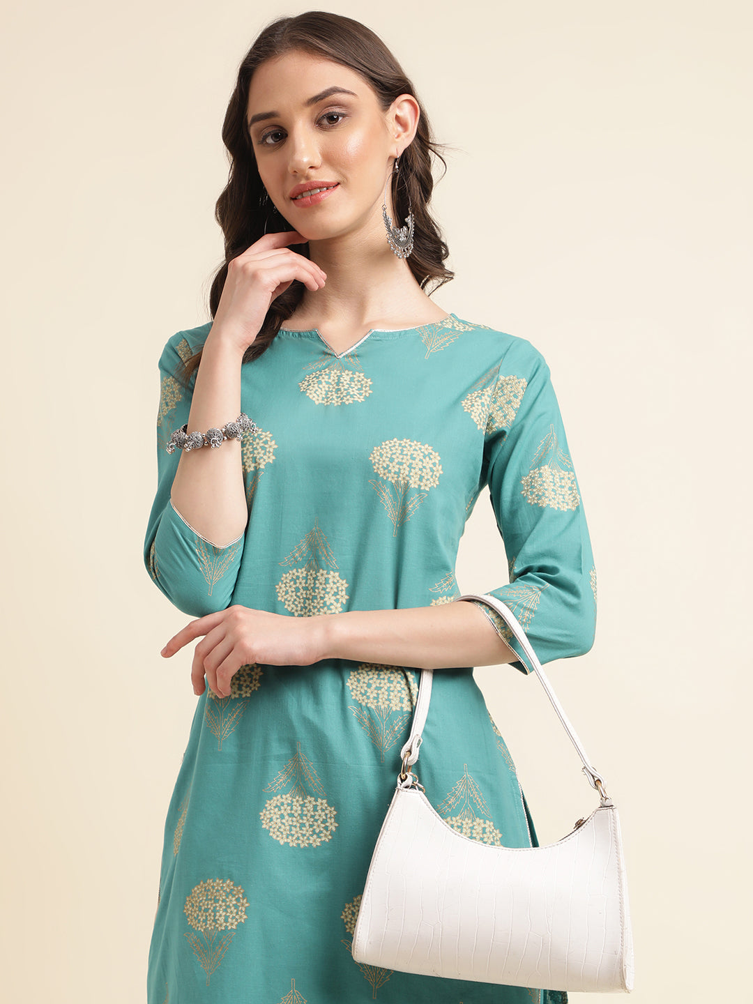 Women's Printed Pure Cotton Round Neck Kurta & Trousers Kurta Set